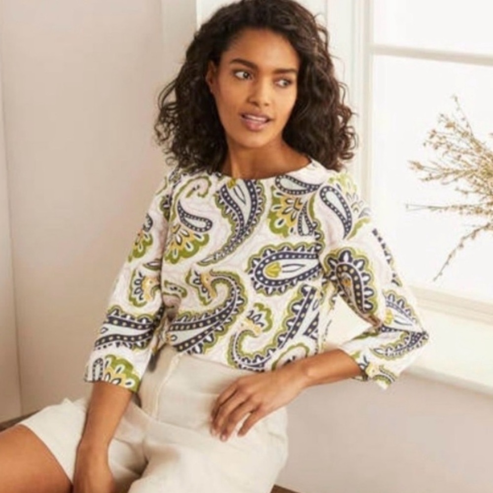 BODEN Laurie Linen Paisley Print Blouse Bell Sleeve Women’s